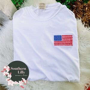 American Flag with Fringe Tassels Comfort Colors Embroidered T-Shirt